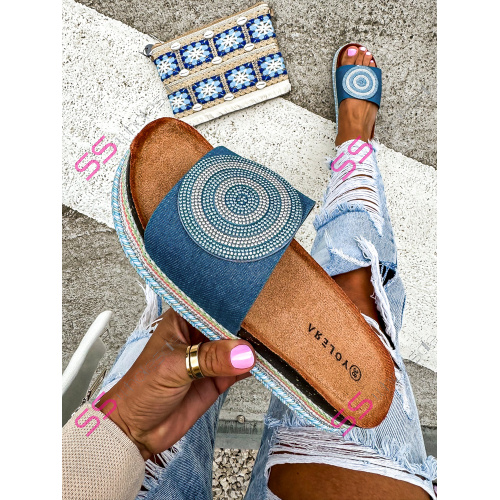 Denim šľapky zdobené kamienkami DORITA-