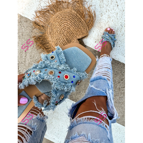 Denim šľapky zdobené kamienkami AMERYN+