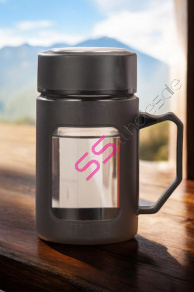 Sklenená fľaša na kávu a čaj s uškom, hnedá, 500 ML