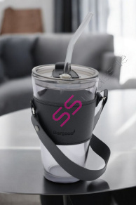 Sklenený pohár na kávu a čaj so slamkou a uzáverom, 450 ml