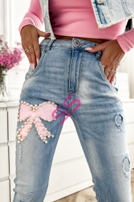 Vysoko-pásové mom fit rifle zdobené korálikmi 