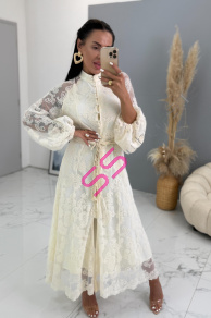 Krémové čipkované košeľové dlhé šaty s opaskom LAULINA