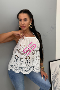 Biely top na viazanie za krkom s výšivkou HELENA