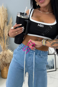 Modré wide-leg rifle s gumeným pásom 