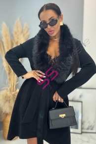 Čierny kardigán s kožušinou a opaskom FAYE