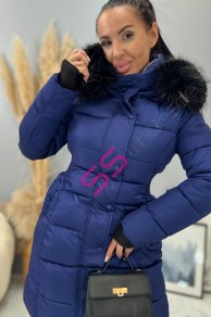 Dlhá štepovaná modrá bunda s kapucňou MYRA