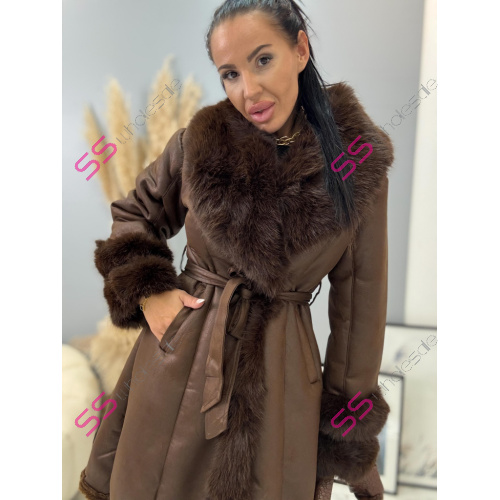 Velúrový dlhý kabát s kožušinou ANYTA