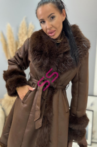 Velúrový dlhý kabát s kožušinou ANYTA