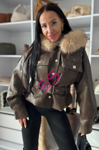 Kožená bunda s kapucňou a opaskom SERENA