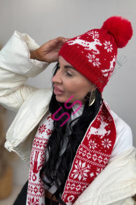 Vzorovaná teplá čiapka s brmbolcom a šálom