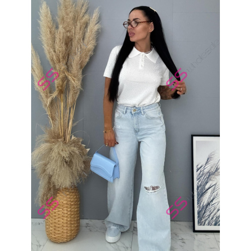 Vysokopásové roztrhané wide leg rifle s čipkou