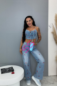 Wid leg rifle s vysokým pásom zdobené s čerešňovou výšivkou