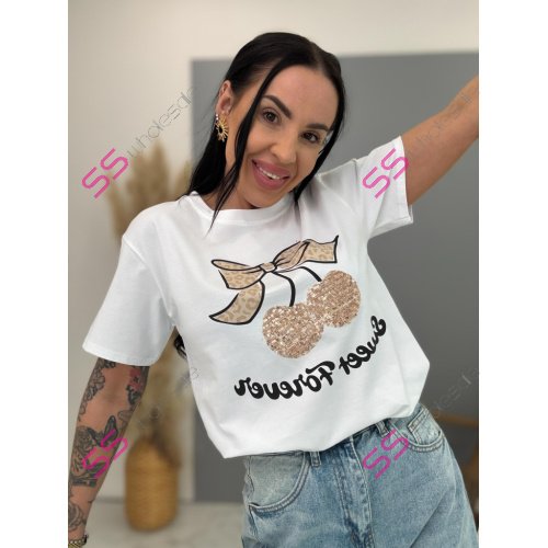 Biele tričko s flitrovým zdobením a potlačou CHERRY GOLD