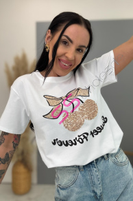 Biele tričko s flitrovým zdobením a potlačou CHERRY GOLD