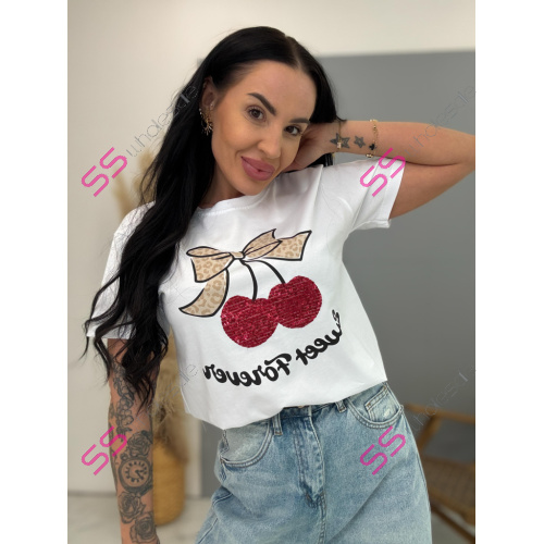 Biele tričko s flitrovým zdobením a potlačou  CHERRY 