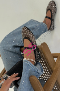 Sieťované čierne balerínky zdobené kamienkami KALIN