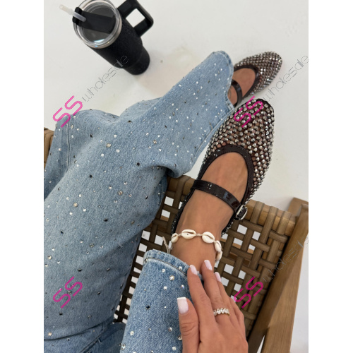 Sieťované hnedé balerínky zdobené kamienkami KALIN